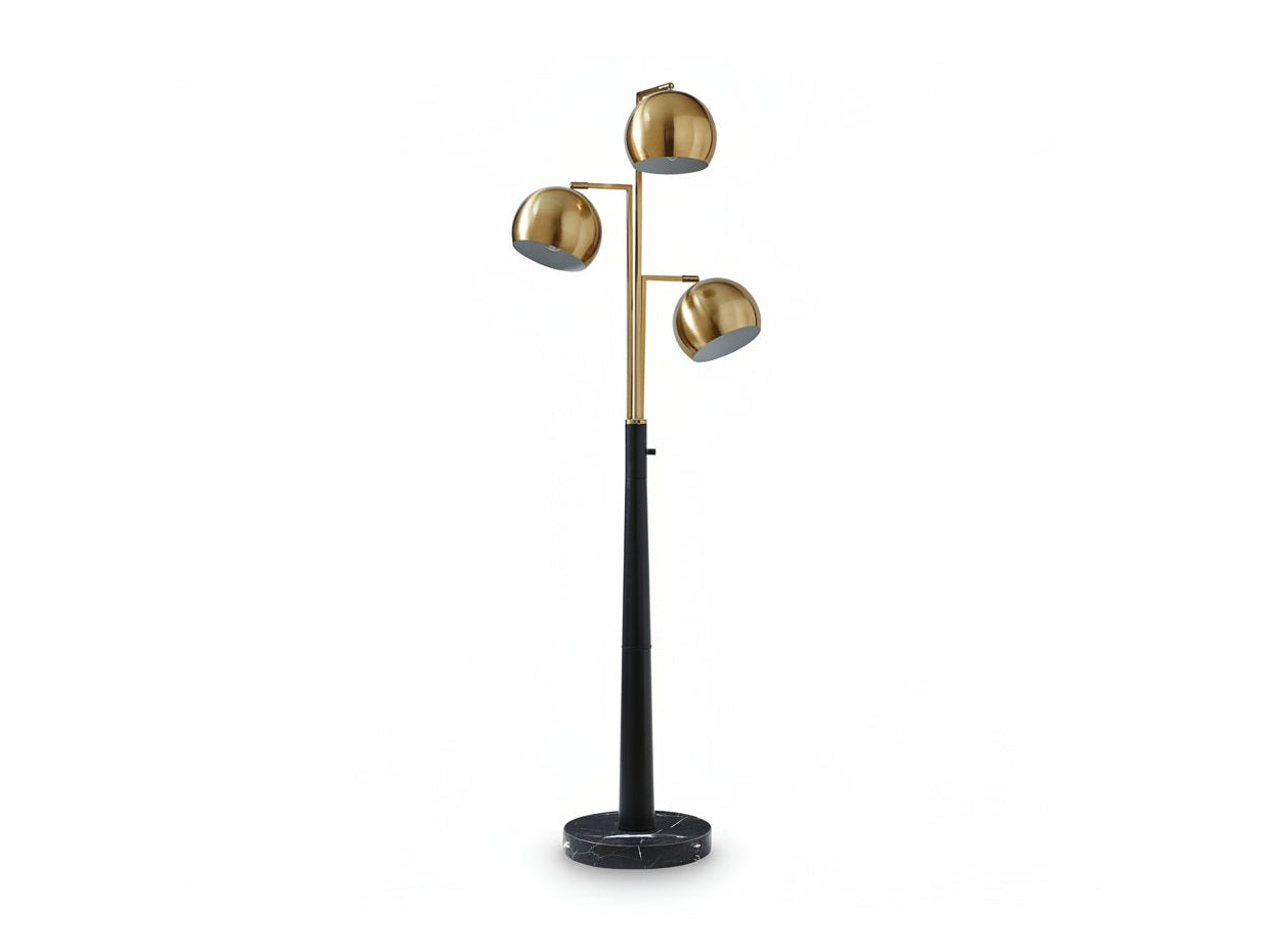 The Sorcha floor lamp with gold and black design on a white background