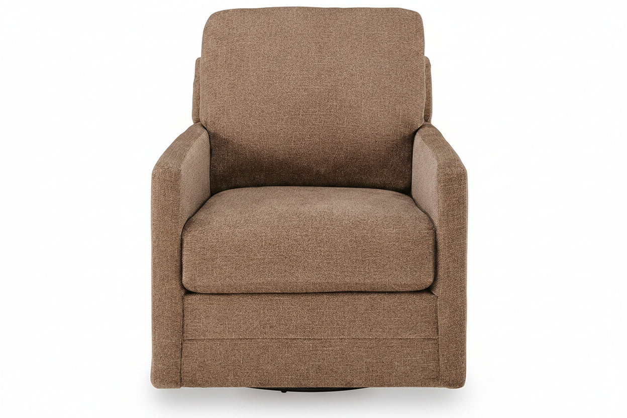A brown upholstered armchair with a textured fabric, shown from a front-facing perspective against a white background.