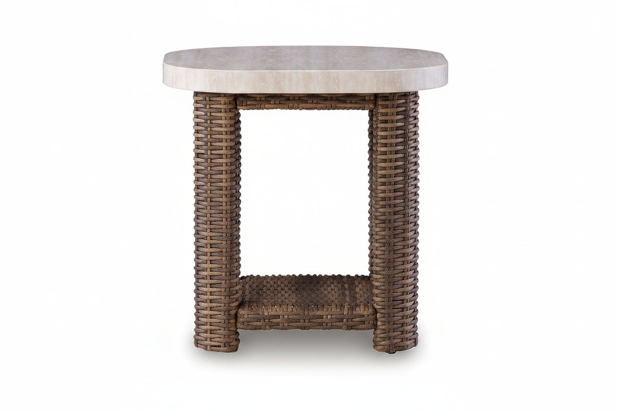 Side table with wicker frame and marble top on a white background