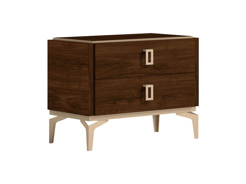 A mid-century modern two-drawer nightstand with a dark brown wood finish, light beige legs and drawer pulls, shown on a plain white background.