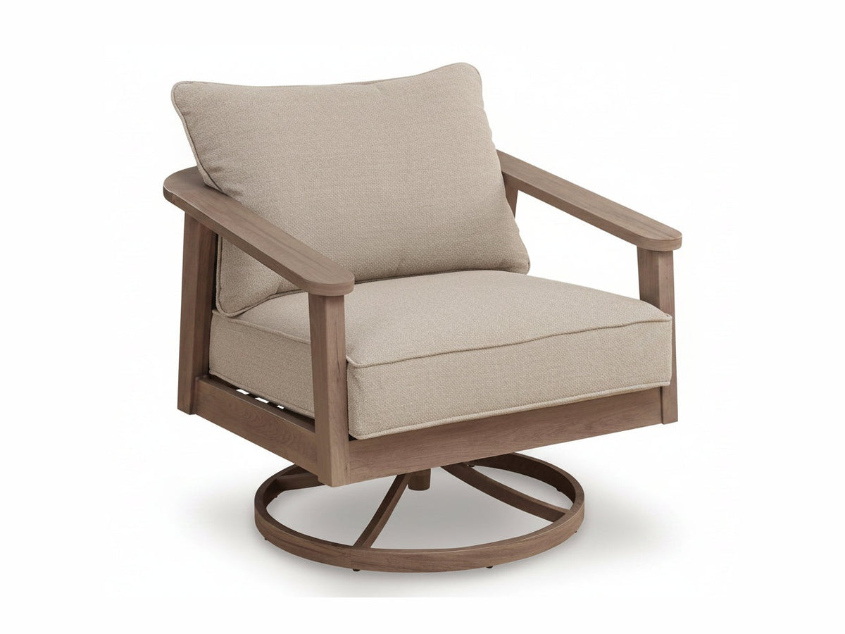 Swivel chair with beige cushions and wooden frame on a white background