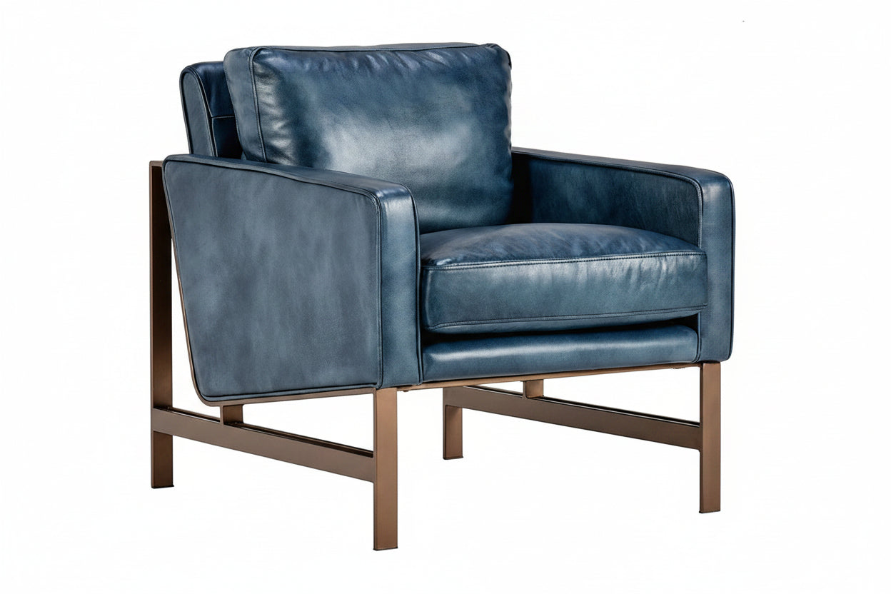Ocean Blue leather armchair with bronze legs on a white background