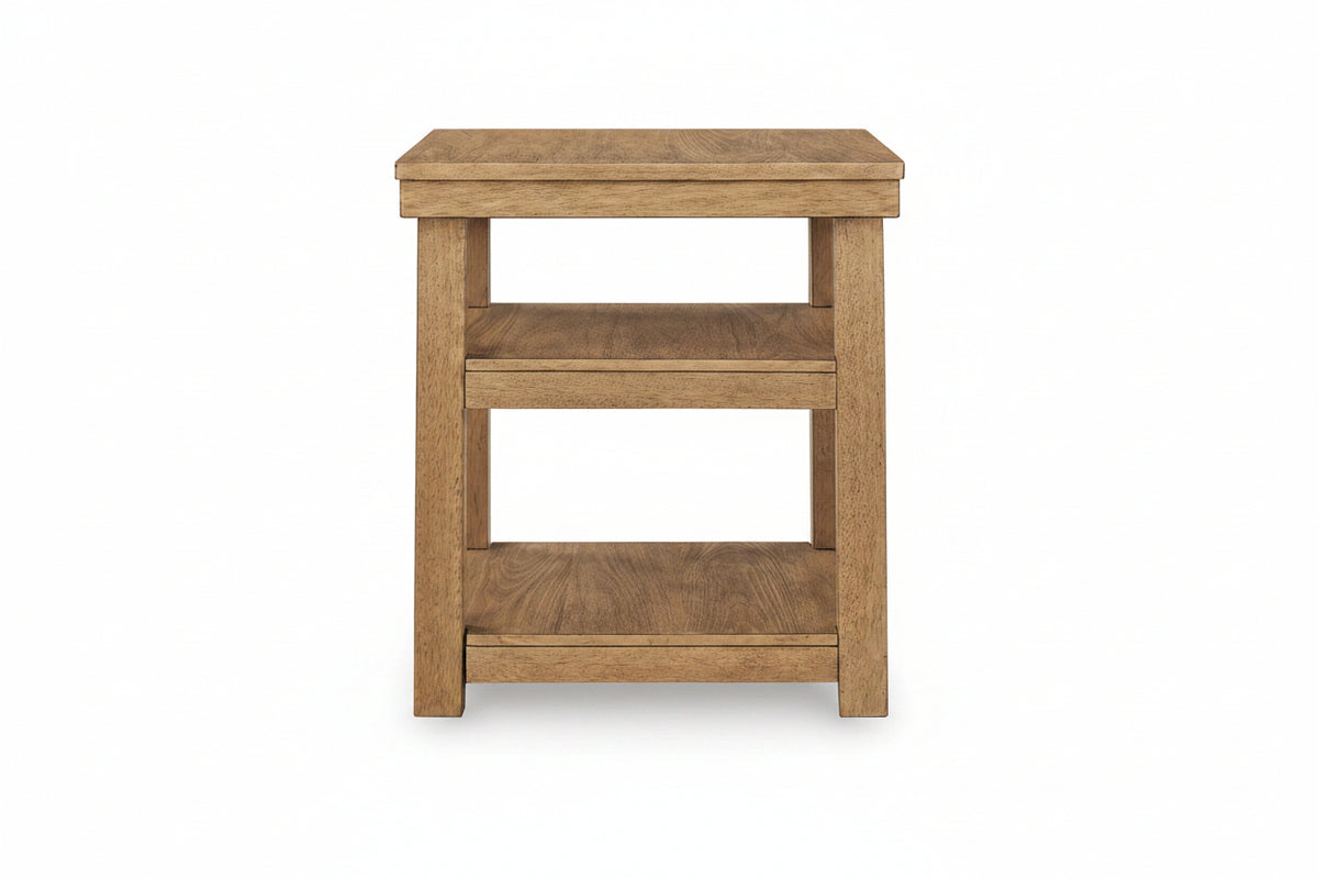 A rustic two-tier wooden end table with a warm medium brown finish and visible wood grain texture, shown against a plain white background.