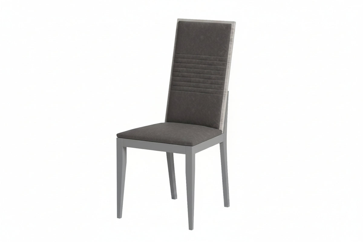 A modern dining chair with a gray upholstered seat and backrest, featuring a light gray frame and slim tapered legs, shown against a plain white background.