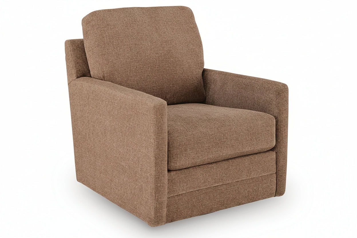 A brown upholstered armchair with a textured fabric, shown from a three-quarter angle on a white background.