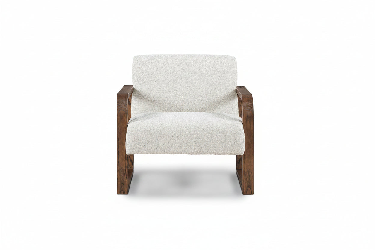 Chair with wooden frame and white cushion on a white background