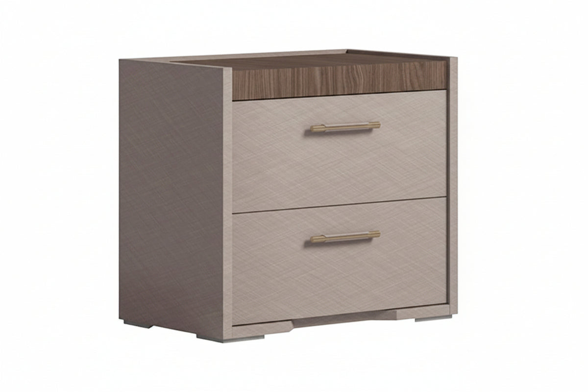 A two-drawer nightstand with a textured light beige wood-grain finish on the drawer fronts and sides, and a medium brown wood-grain top surface. It features slim, horizontal metallic gold handles on the drawers, set against a plain white background.