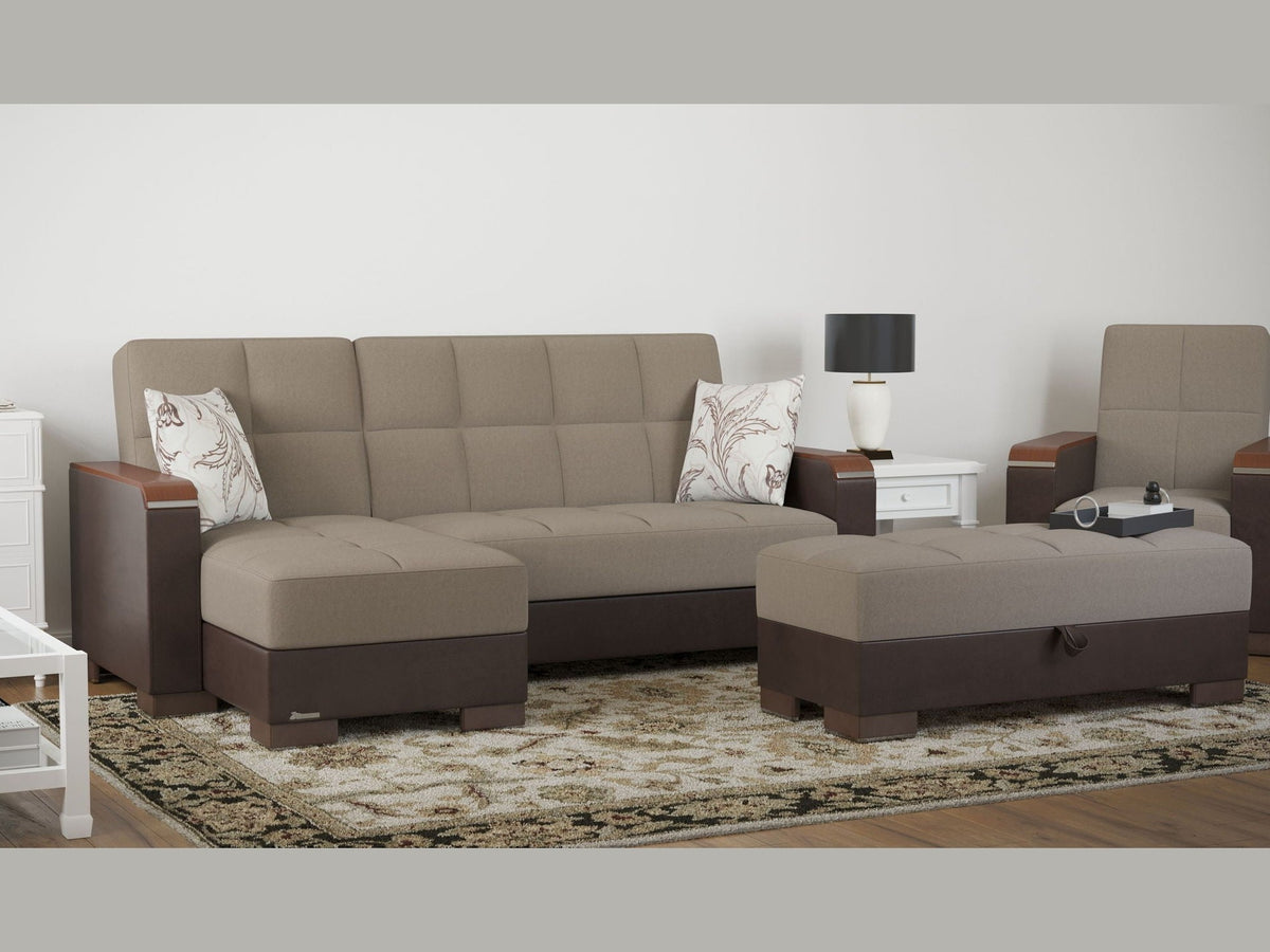 Ottomanson Armada X - Upholstered Convertible Wood Trimmed Ottoman With Storage - Beige/Brown PU Chenille