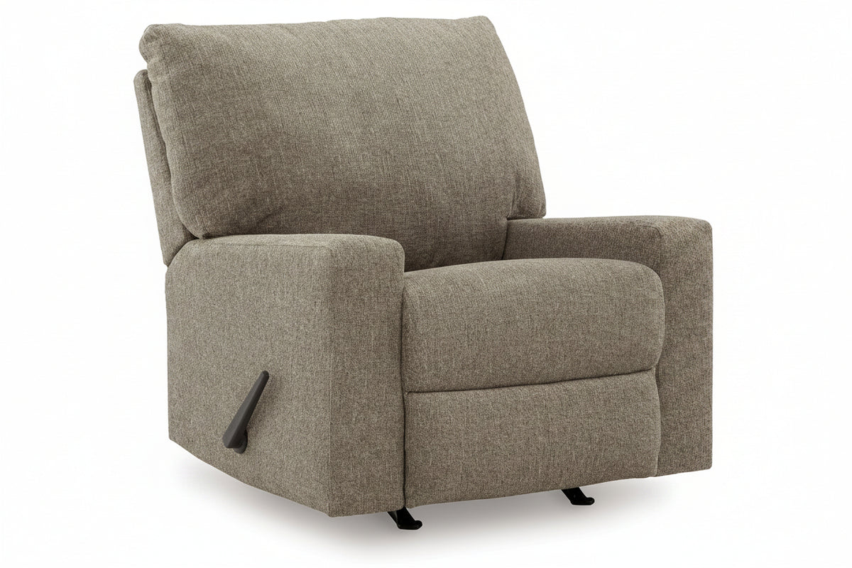 A plush upholstered recliner chair in a textured taupe-gray fabric, shown from a three-quarter angle on a white background.