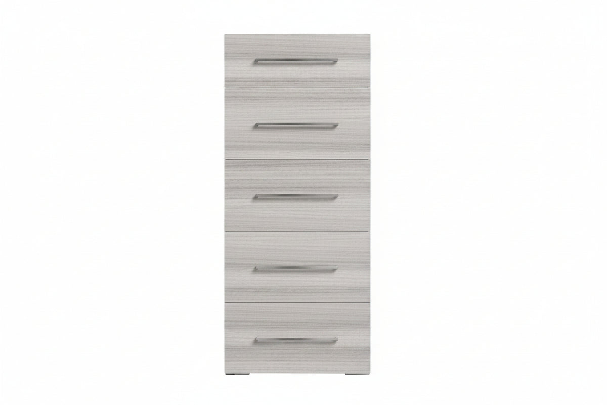 A tall, narrow five-drawer chest or organizer with a light gray wood grain finish and slim horizontal metallic handles, shown against a plain white background.