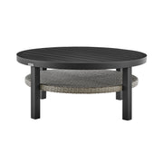 Aileen - Outdoor Patio Round Coffee Table - Black Aluminum With Gray Wicker Shelf