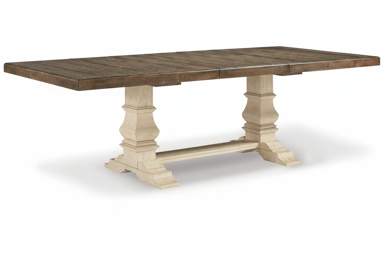 Wooden dining table with a rustic design on a white background