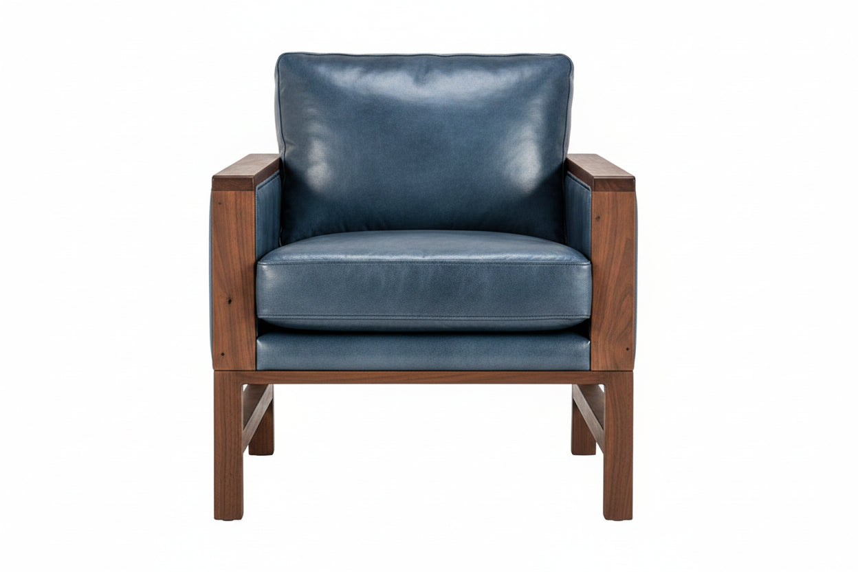 A modern ocean blue leather armchair with a wooden frame and legs, shown against a plain white background.