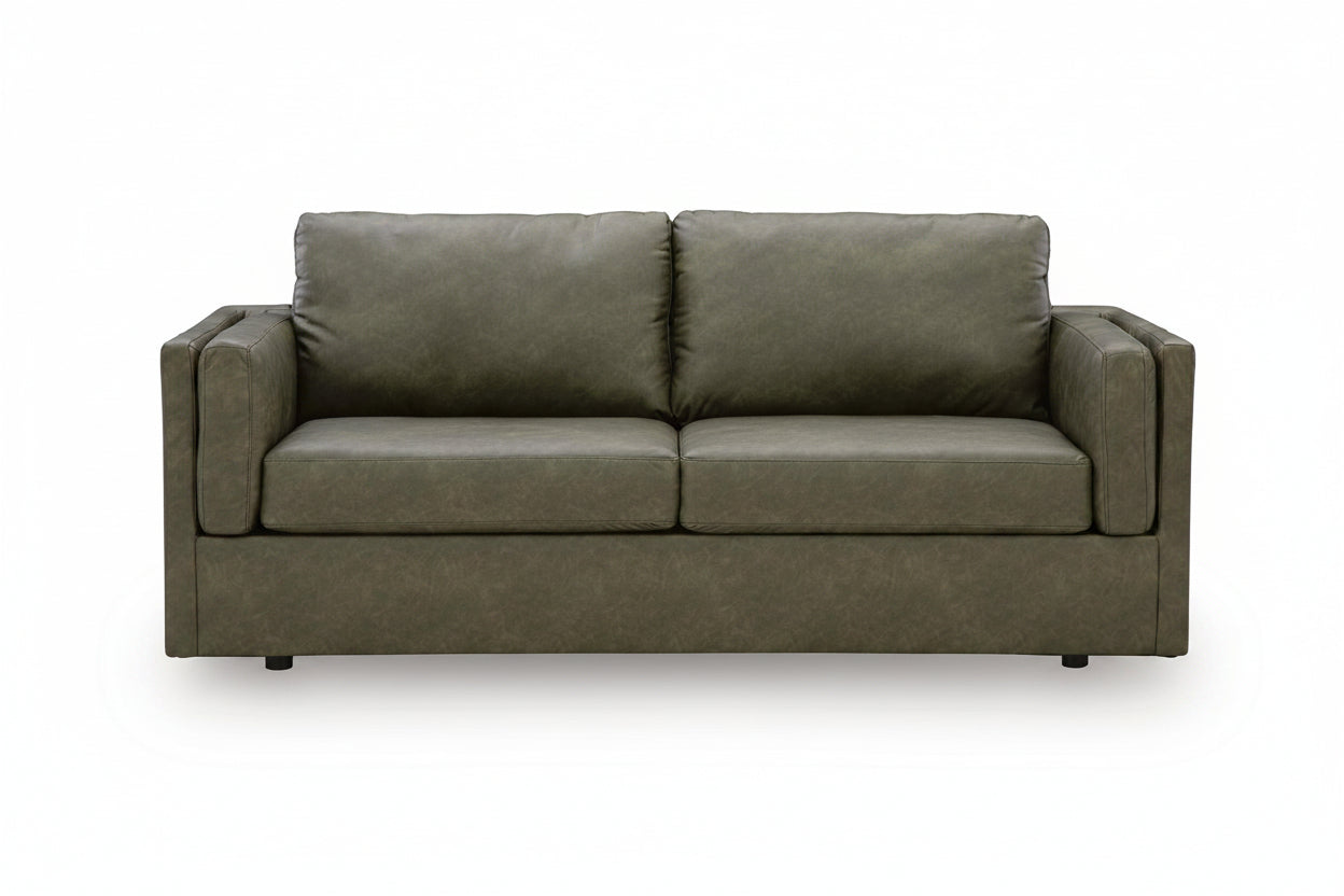 A two-seater loveseat sofa upholstered in textured olive green fabric, shown from a front-facing perspective against a plain white background.