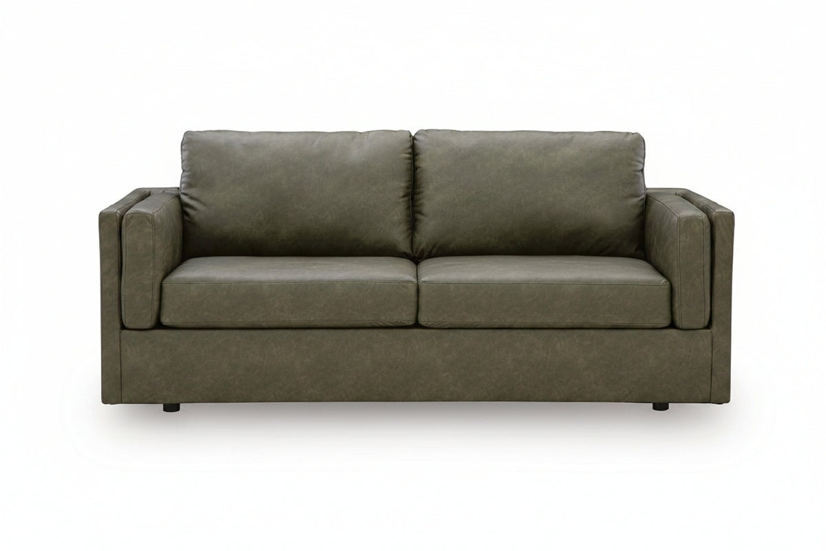 A two-seater loveseat sofa upholstered in textured olive green fabric, shown from a front-facing perspective against a plain white background.