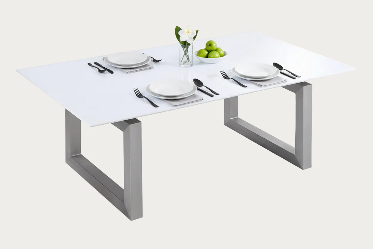 Ebony white rectangular table with metal legs on a white background