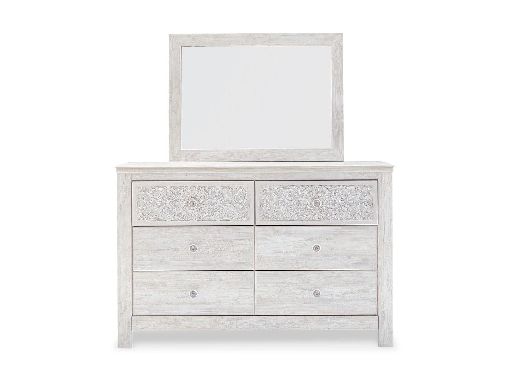 Paxberry - Dresser, Mirror - Medallion Drawer Pulls - Whitewash