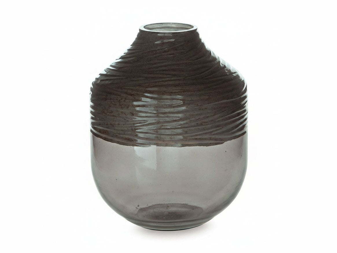 Harpwick smoky gray glass vase with textured top on a white background.