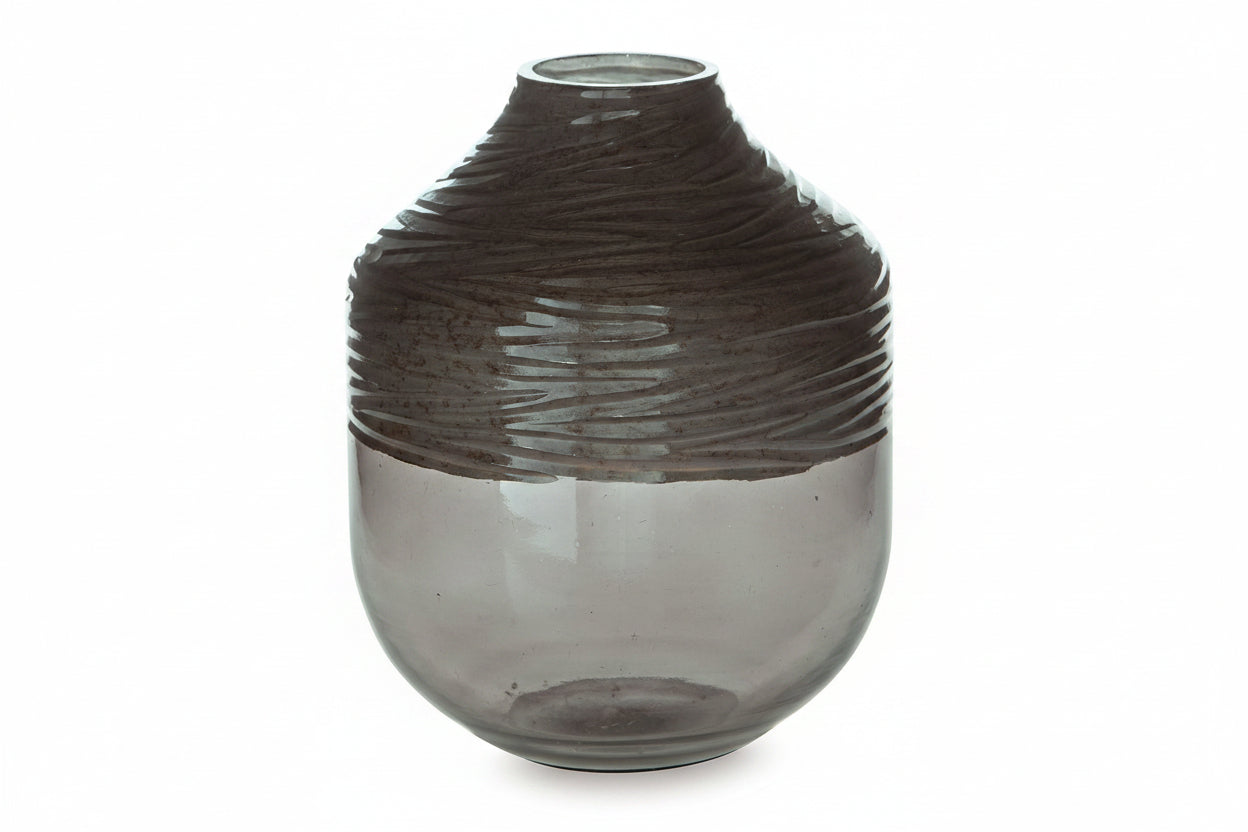 Harpwick smoky gray glass vase with textured top on a white background.