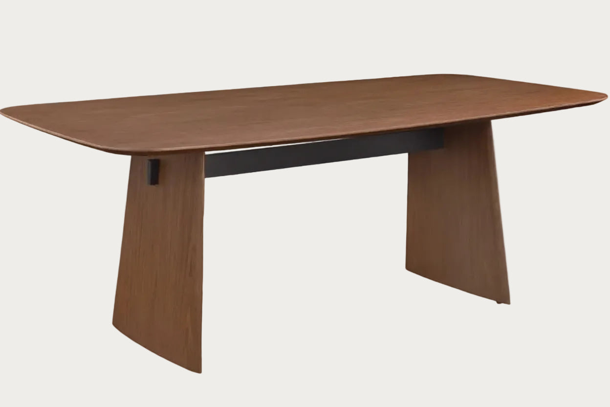 Wooden table with a modern design on a white background