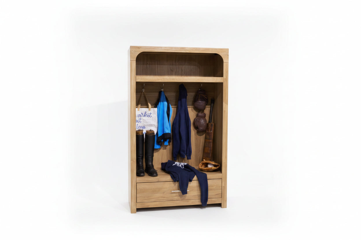 Wooden locker with clothes and sports equipment in a store setting