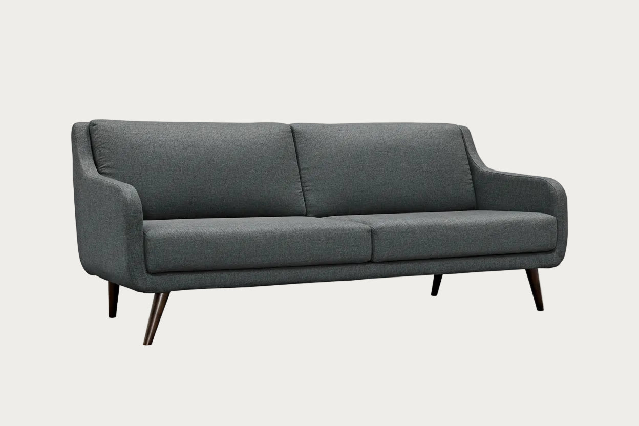 Gray sofa with wooden legs on a white background