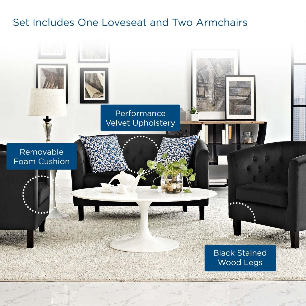 Modway Prospect 3 Piece Performance Velvet Loveseat and Armchair Set