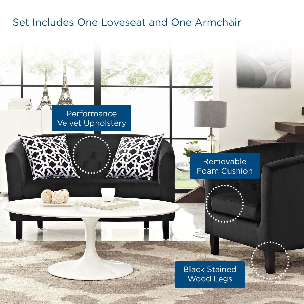 Modway Prospect 2 Piece Performance Velvet Loveseat and Armchair Set