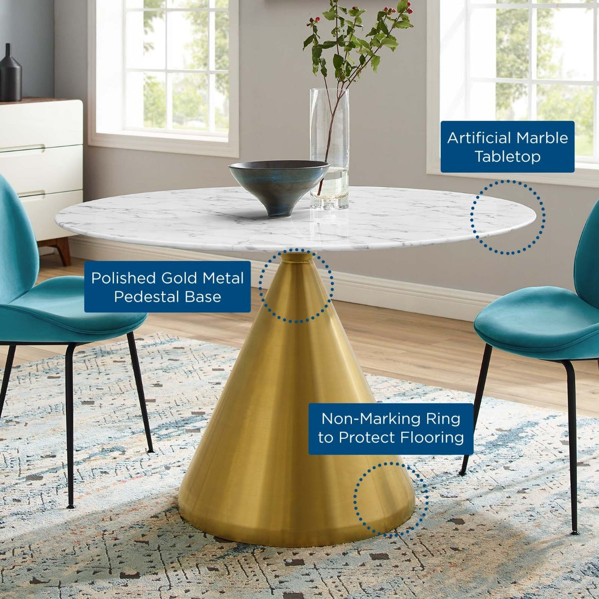 Modway Tupelo 47" Artificial Marble Dining Table Gold White