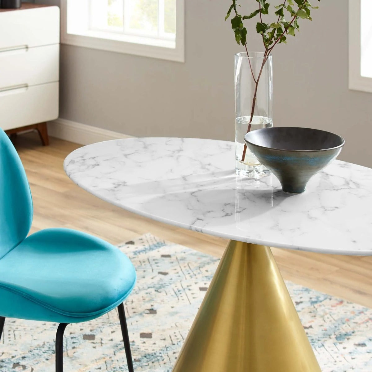 Modway Tupelo 48" Oval Artificial Marble Dining Table Gold White