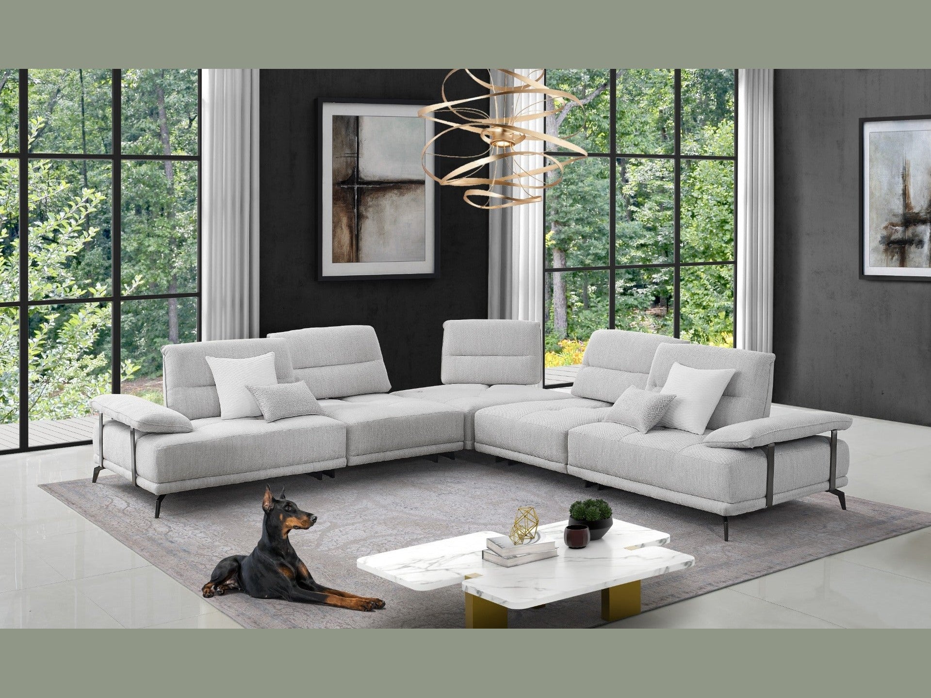 Eleganto 5 pc Sectional with Power Motion Backrests, Silver Gray Fabric