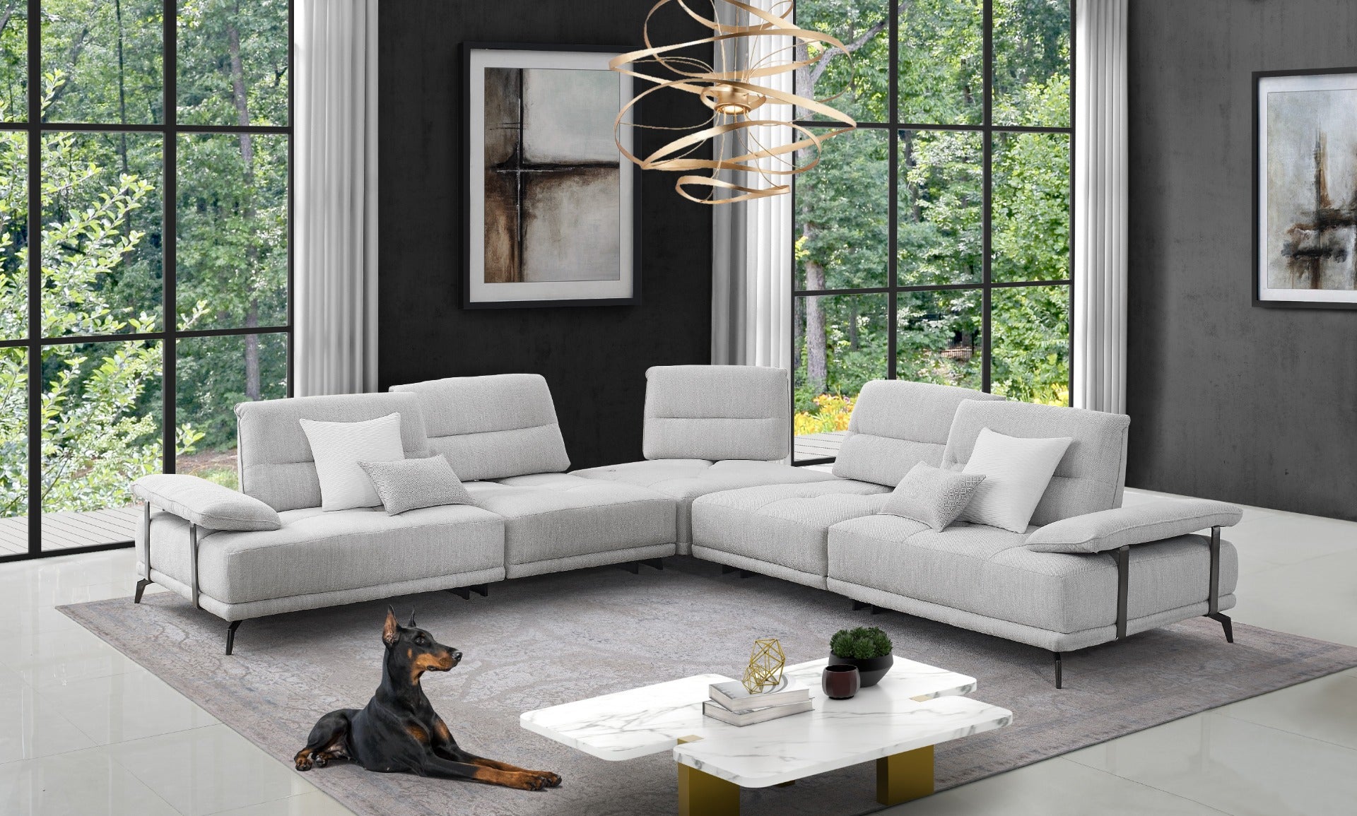 Eleganto 5 pc Sectional with Power Motion Backrests, Silver Gray Fabric