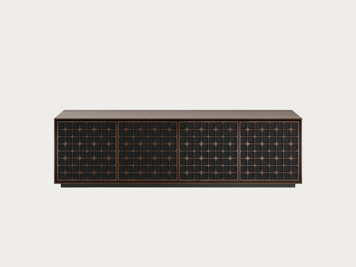 Modern dark brown console table with geometric pattern on a white background