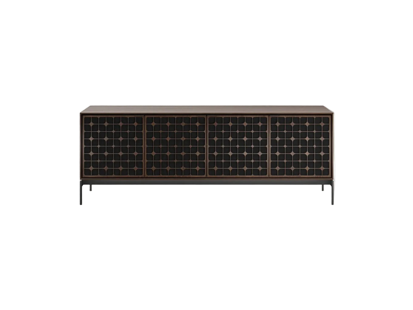 Dark brown cabinet with geometric pattern on a white background