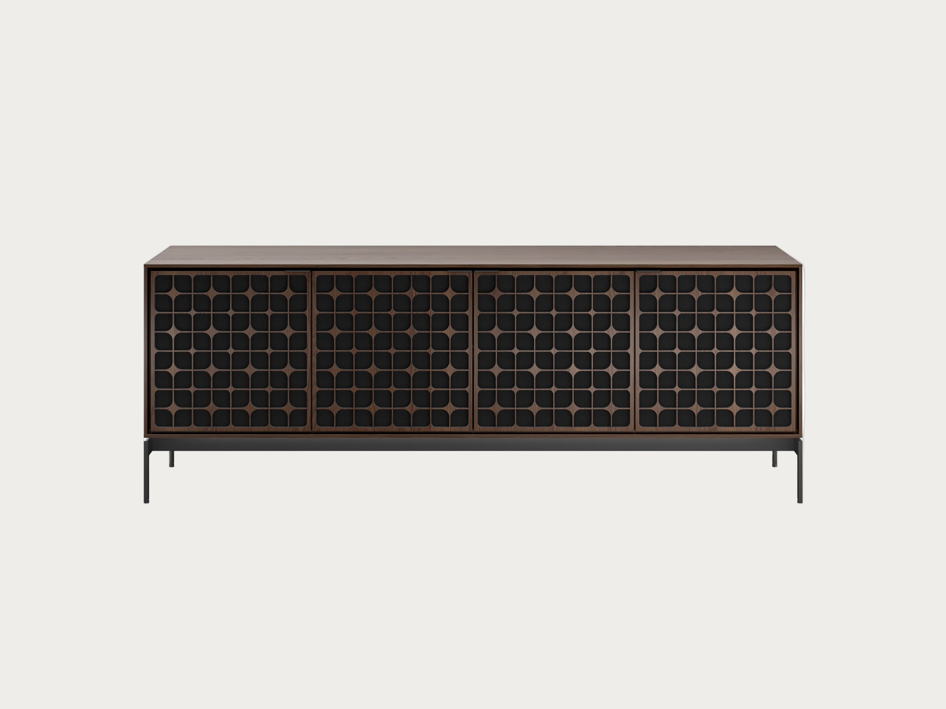Dark brown cabinet with geometric pattern on a white background