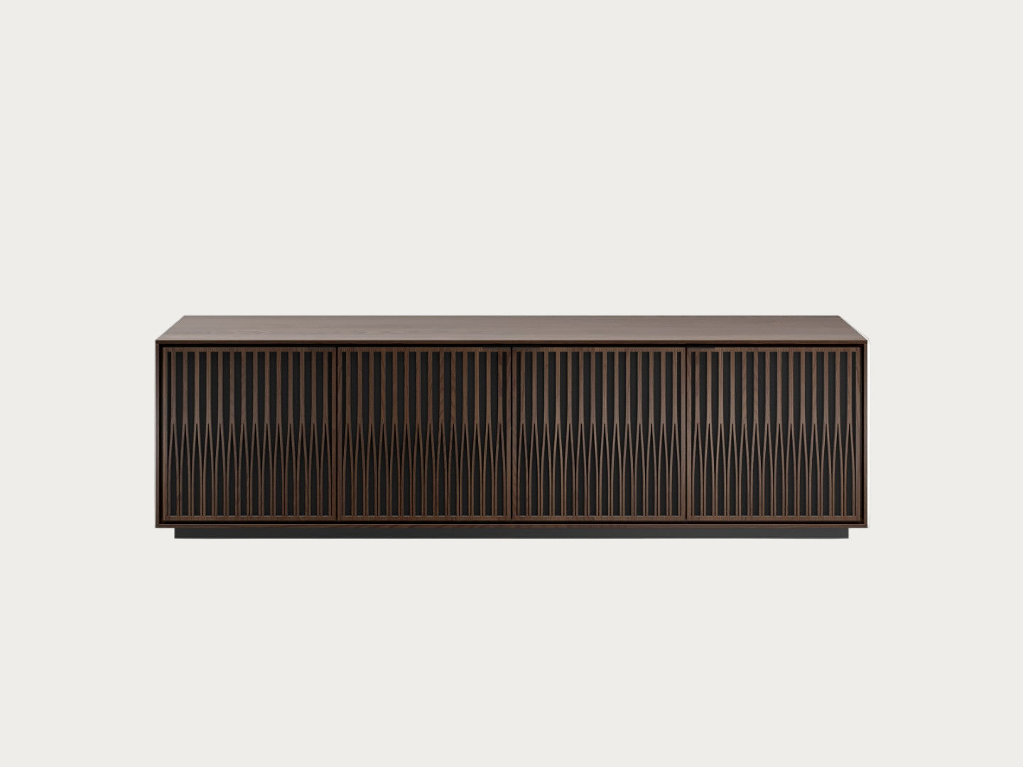 Wooden sideboard with slatted design on a white background