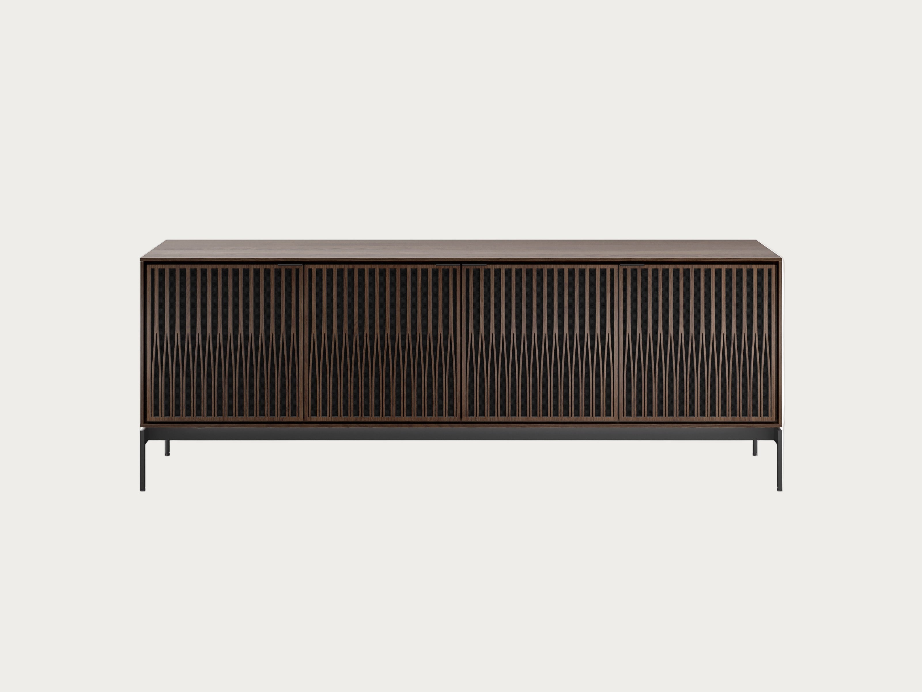 Dark brown wooden cabinet with slatted design on a white background