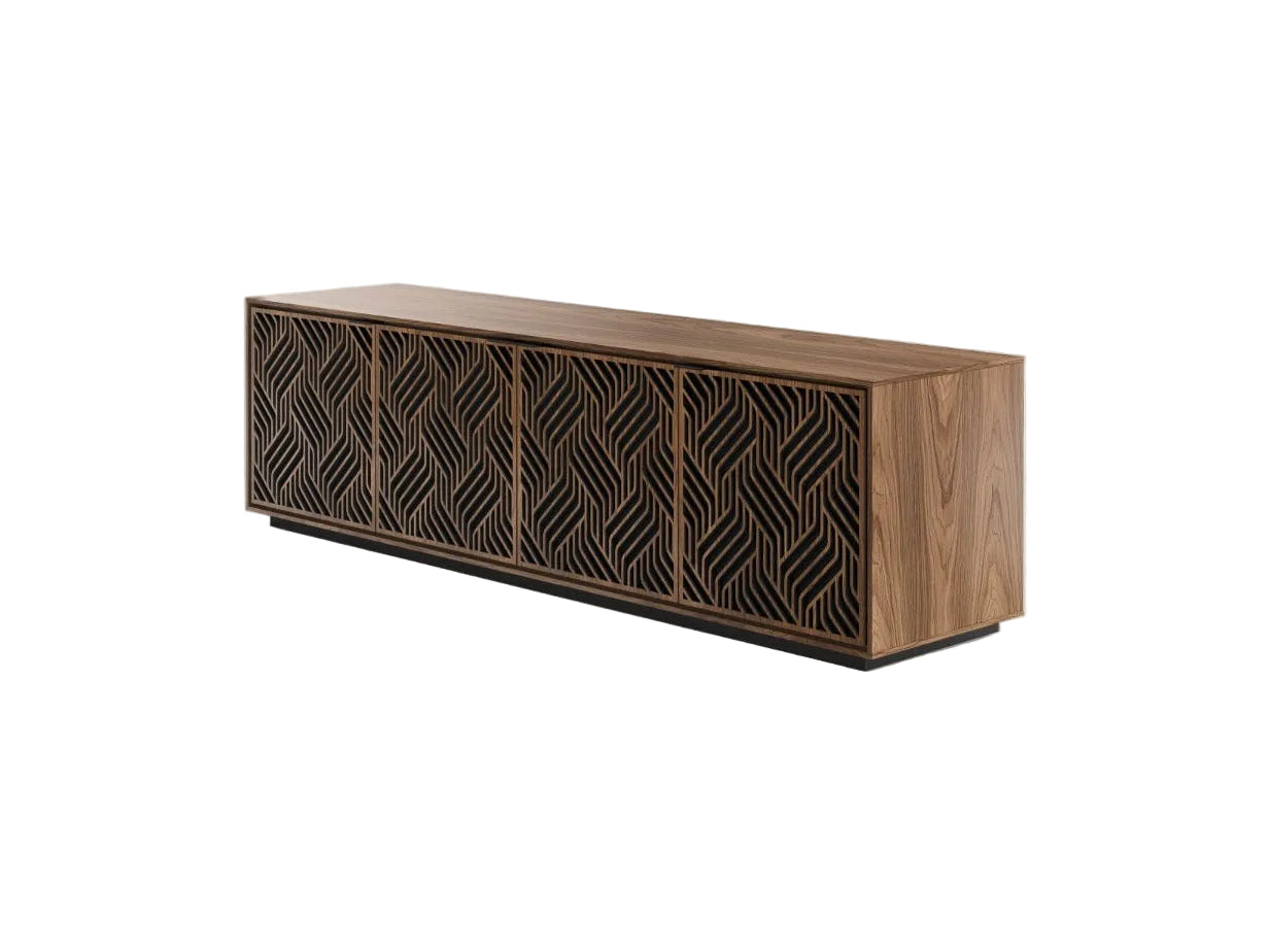 Wooden cabinet with geometric pattern on a white background