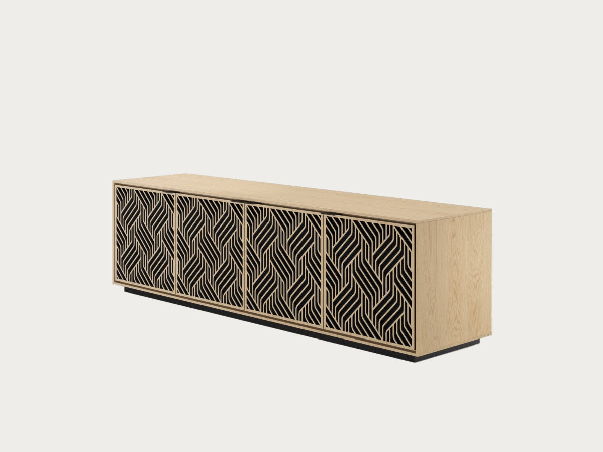 Wooden cabinet with decorative black patterns on a white background