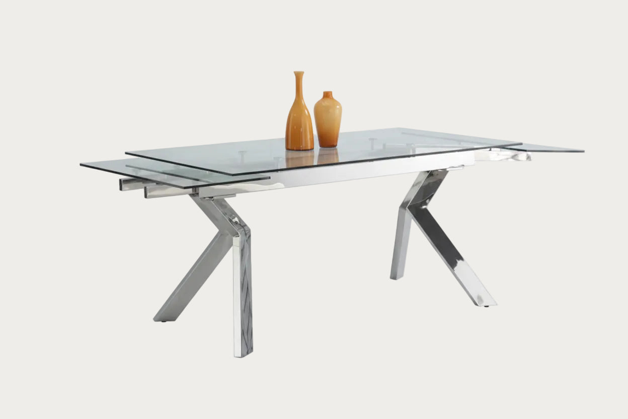 Ella modern glass dining table with chrome legs on a white background