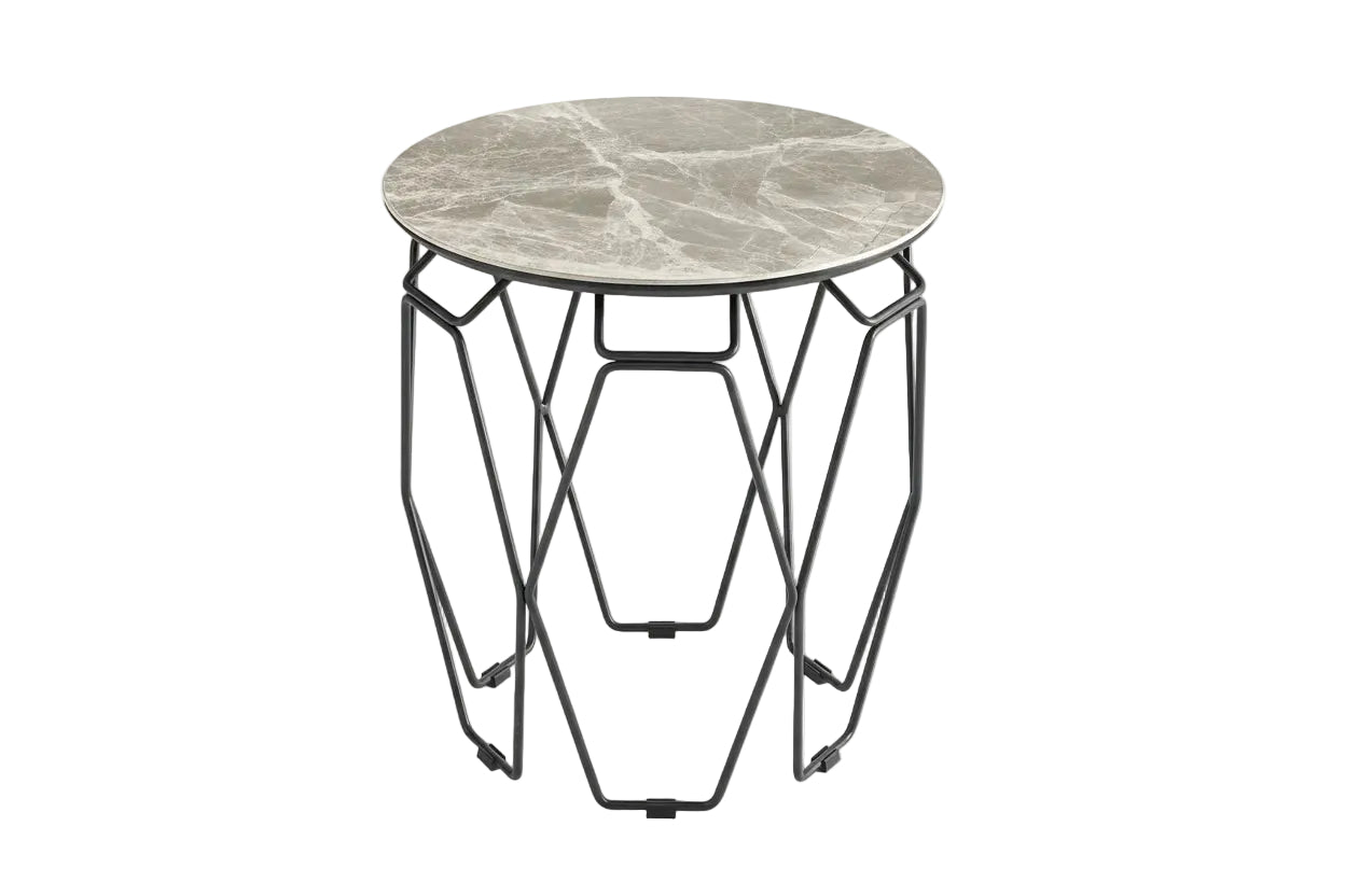 Ellipse end table with marble-finish ceramic top and black legs