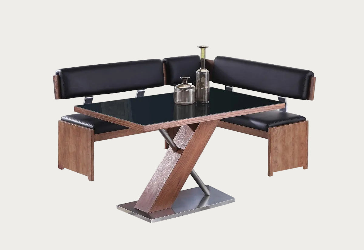 Emma 2-pc dining room set with black glass top and brown wooden legs on a white background