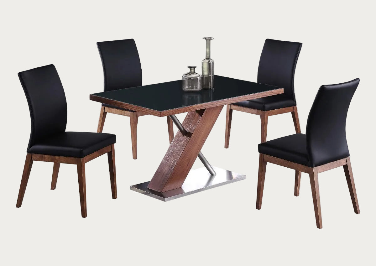 Emma 5-pc dining room set with four black chairs on a white background