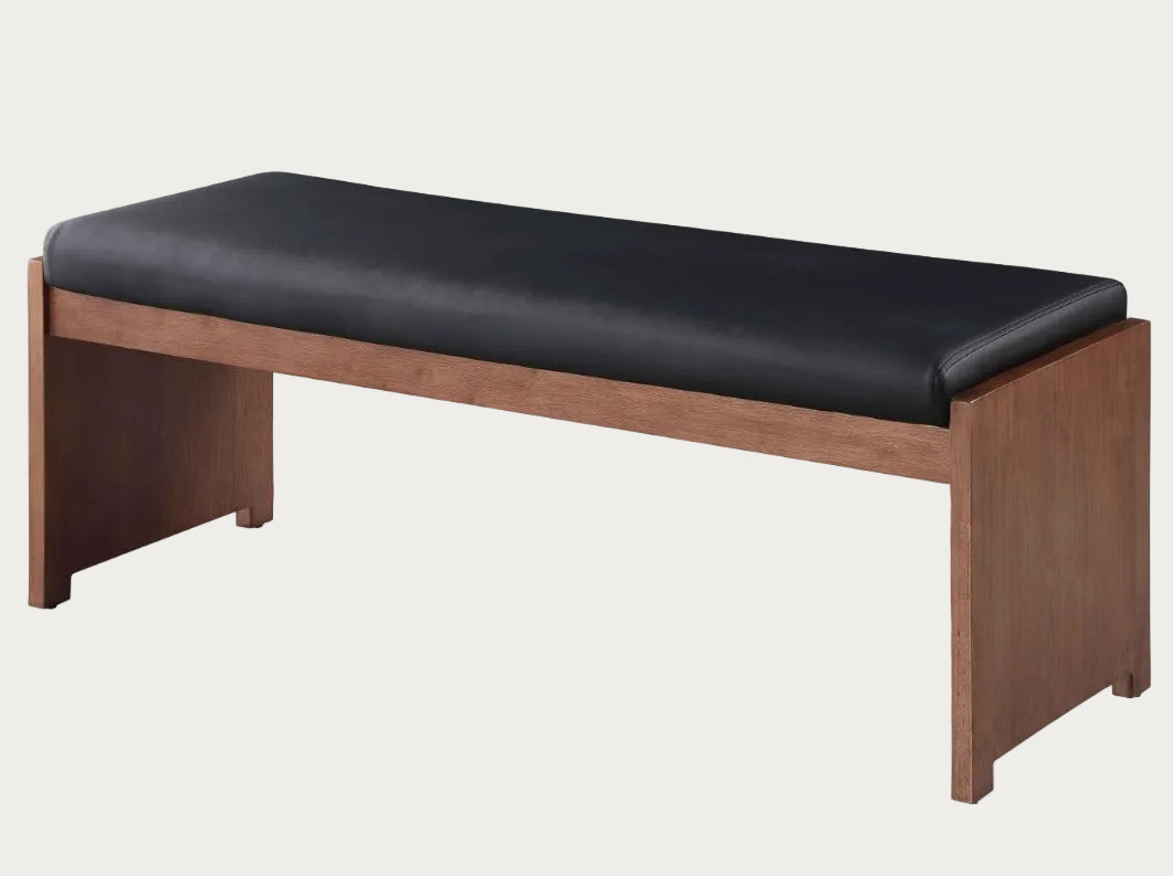 Emma wooden bench upholstered with black faux leather cushion on a white background