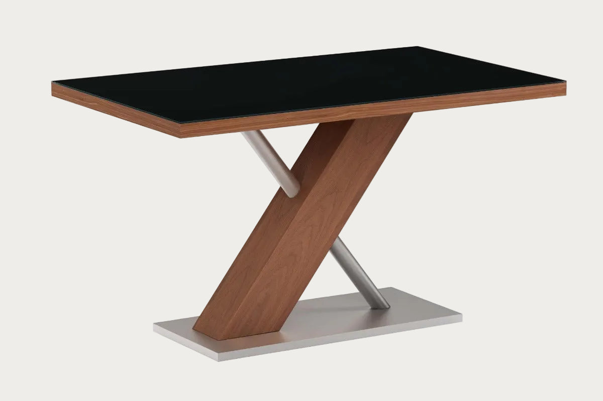 Emma modern dining table with black top and wooden base on a white background
