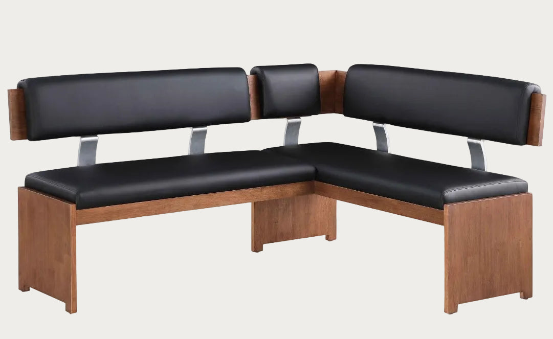 Emma Nook black leather seats and wooden frame on a white background