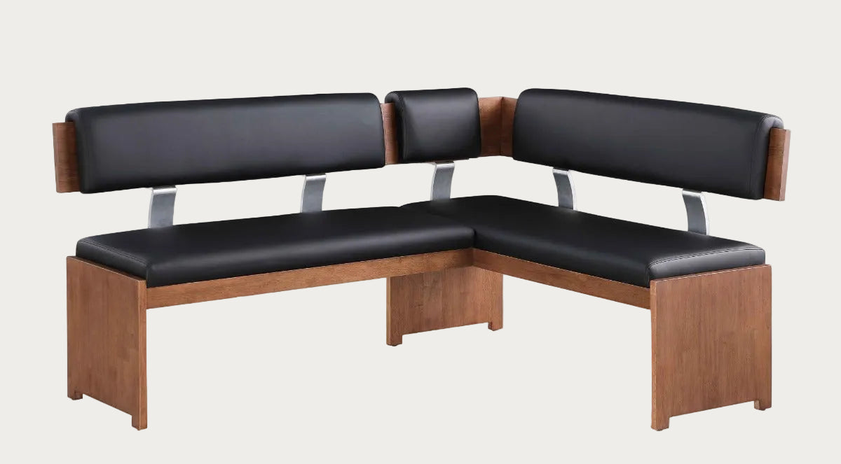 Emma black leather seats and wooden frame on a white background