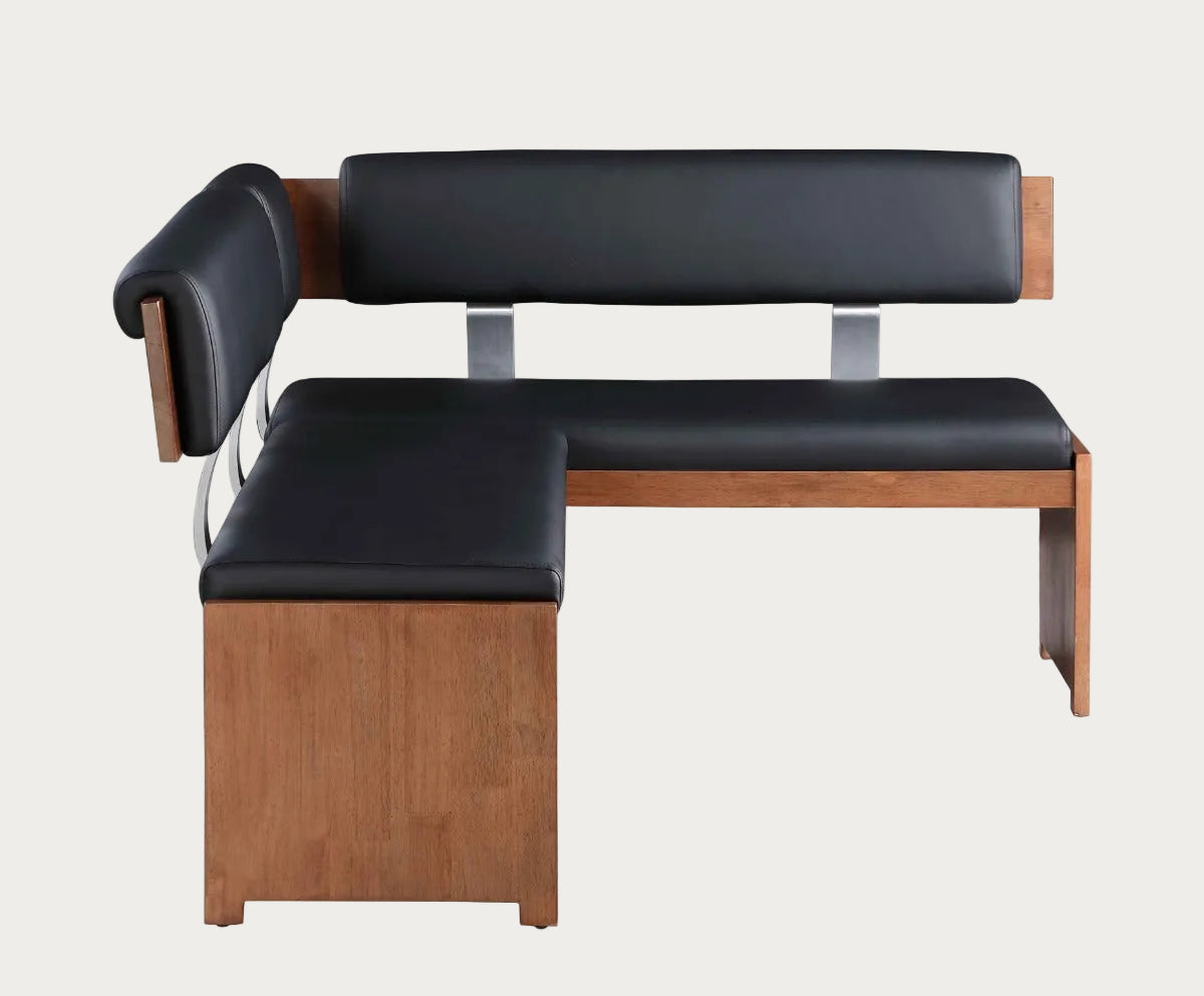 Emma wooden nook in black faux leather corner bench on a white background