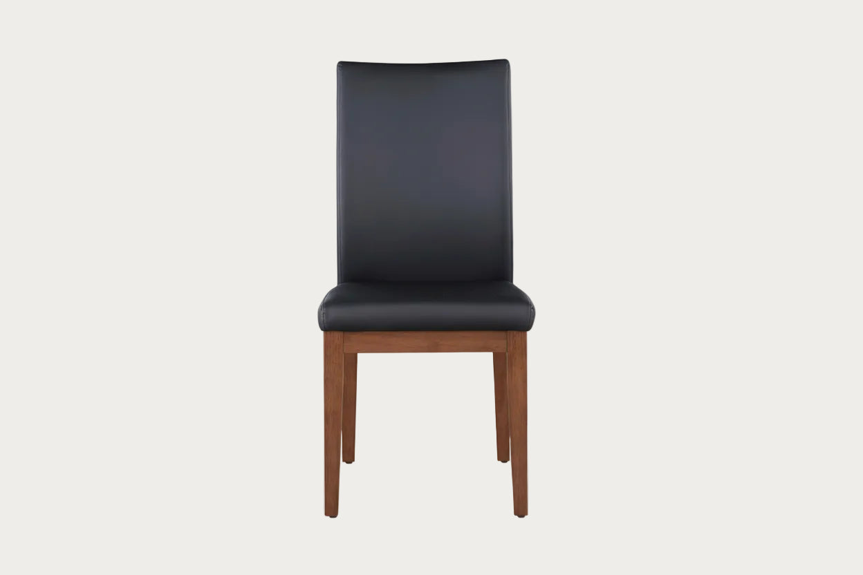 Emma black faux leather upholstered chair with wooden legs.