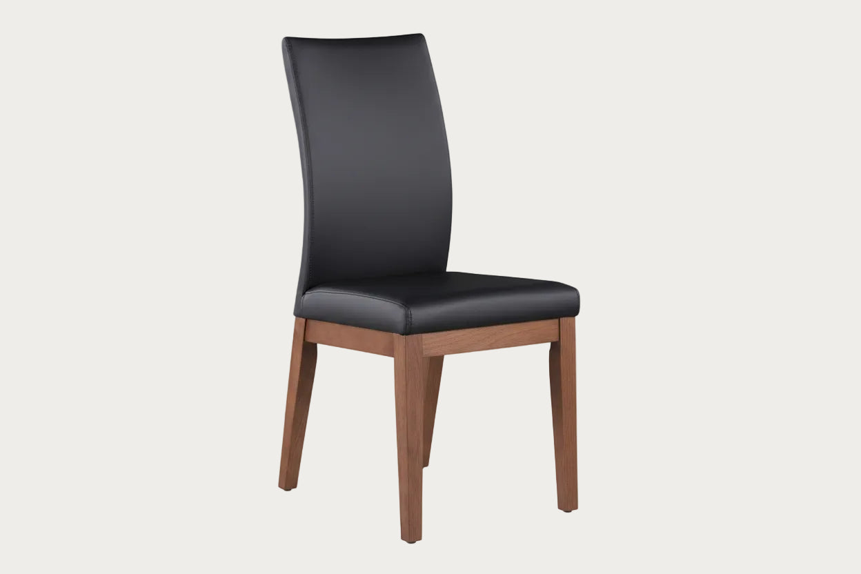 Emma side chair with black cushioned backrest and seat on a white background